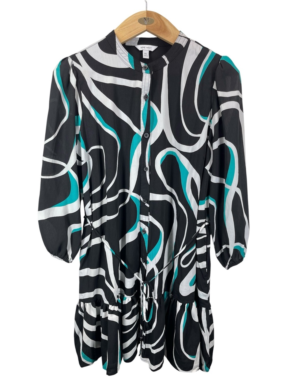 Nine West Women’s Long Sleeve Belted Mini Dress Abstract Swirl Pattern Size XXL